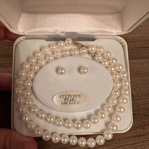 Cultured Pearl 14K Gold Necklace and Earring Set